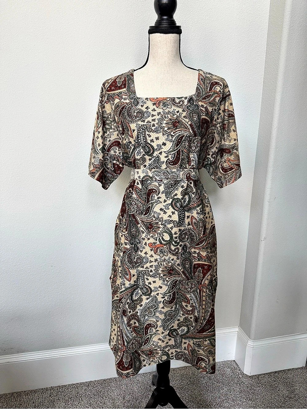 Handmade Paisley Midi Dress in Brown & Cream